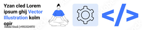 Central figure meditating, settings gear icon, and coding brackets. Ideal for mindfulness, technology, web coding, software, productivity, meditation and simple landing page
