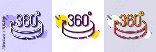 360 degrees line icon. Halftone dotted pattern. Gradient icon with grain shadow. VR simulation sign. Panoramic view symbol. Line 360 degrees icon. Various designs. Vector
