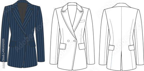 Blue and white striped blazer with pocket flaps and lapel details shown in three views stripes