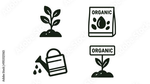 Organic gardening icons with plant, seed, and watering can illustrations