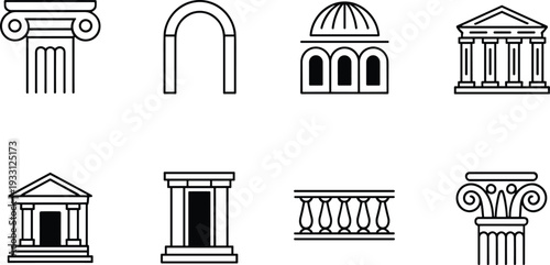 Ancient architecture line icon set with classical columns, archway, dome building and temple facade outline vector collection