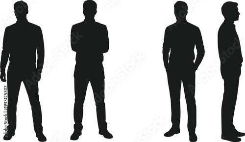 Four black silhouette figures standing in different poses against a white background