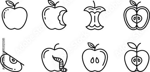 Apple fruit line icon set, whole bitten sliced and worm apple outline vector illustration collection for healthy food design