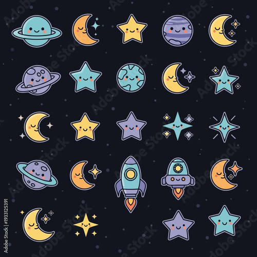 Cute Space Kawaii Elements: Planets, Moon, Stars, Rockets, Earth