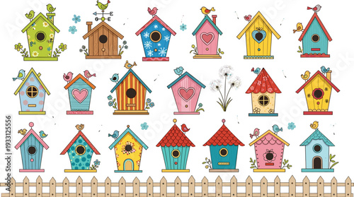 Colorful birdhouse collection with decorative garden houses birds and spring nature illustrations