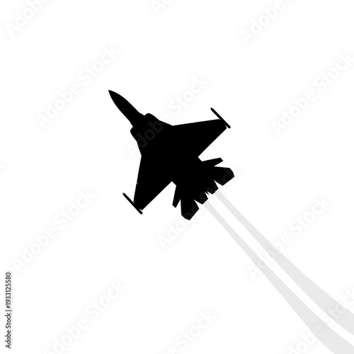 Silhouette of a fighter jet performing a maneuver with smoke trails against a white background