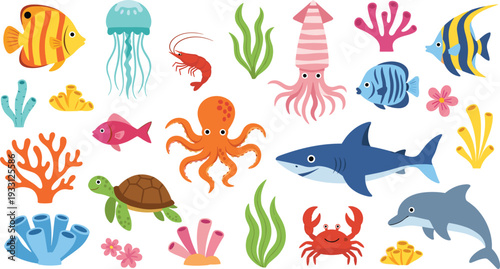 Underworld Marine Life Vector Illustration Set Featuring Shark, Dolphin, Turtle, Octopus, Squid, and Colorful Coral Reef Elements for Ocean Themed Designs