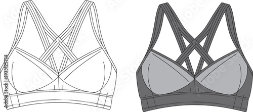 Gray sports bra with intricate crisscross straps and supportive bands shown in line and shaded version