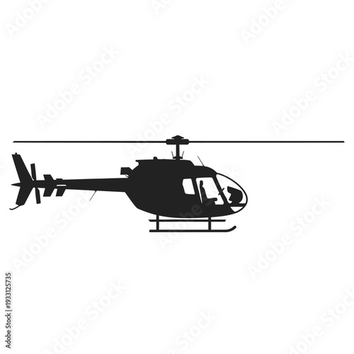 Silhouette of a modern helicopter in flight against a white background