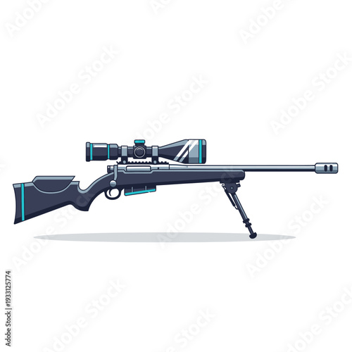 Modern sniper rifle with bipod and scope, isolated on white background, tactical weapon