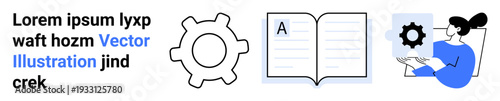 Education, workflow, business strategy, teamwork, customization, data solutions. Gear icon, open book and woman with a gear. Education and workflow concepts in business and learning
