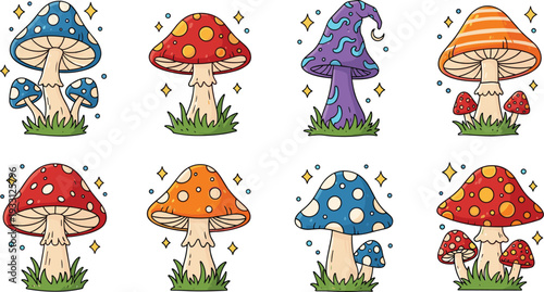 Whimsical Magic Mushroom Vector Set Featuring Colorful Toadstools with Polka Dots, Sparkles, and Fantasy Wizard Style Fungus for Fairy Tale Designs