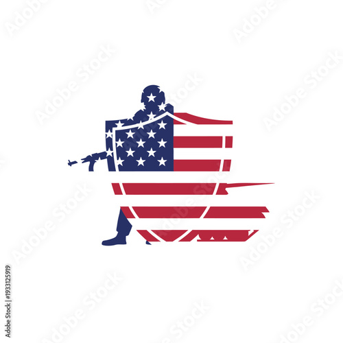 Patriotic Soldier Silhouette with American Flag Shield and Rifle