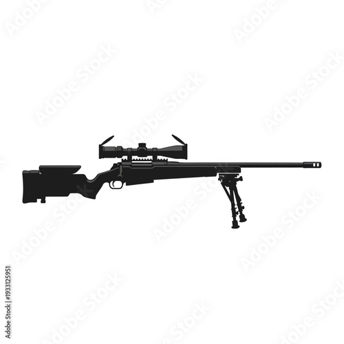 Precision sniper rifle with scope and bipod, isolated on white background