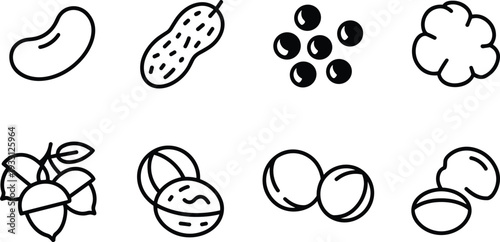 Beans and legumes line icon set with peanut, coffee beans, cotton flower and seeds, outline vector food collection