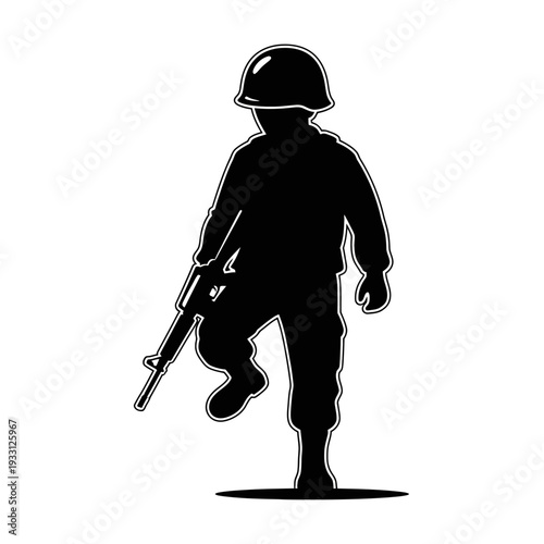 Silhouette of a child soldier with rifle, walking, isolated on white background