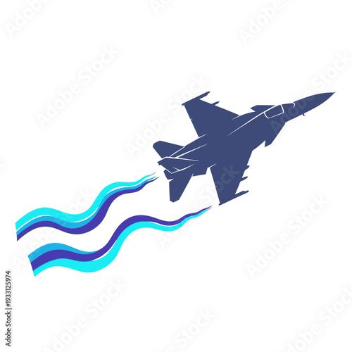 Silhouette of a dark blue fighter jet soaring through the sky, leaving a trail of blue smoke.