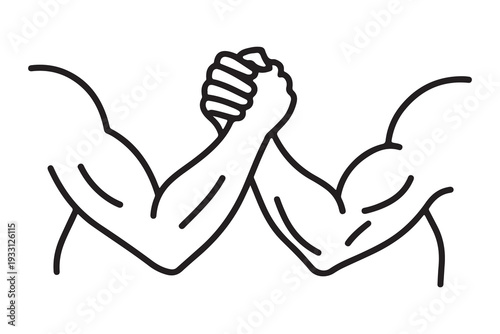 Two strong muscular arms arm wrestling or handshake vector line art illustration