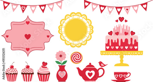 Valentine celebration elements collection with cake cupcakes teapot hearts and romantic decorationsValentine celebration elements collection with cake cupcakes teapot hearts and romantic decorations