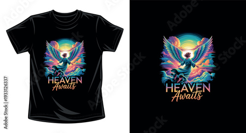 Heaven awaits t-shirt design, vibrant angel illustration, colorful clouds and sky, inspiring graphic tee