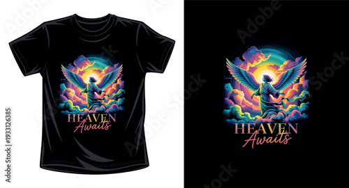 Heaven awaits t-shirt design, vibrant angel illustration, colorful ethereal clouds, inspiring graphic tee