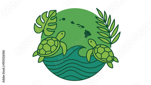 Turtle vector illustration with tropical leaves and green globe background