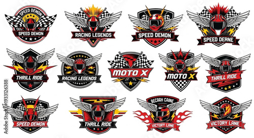 Motorcycle racing club emblems with wings and checkered flags.