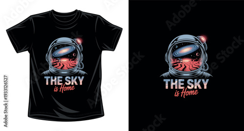 Astronaut helmet t-shirt design, vibrant cosmic landscape reflection, space exploration graphic tee