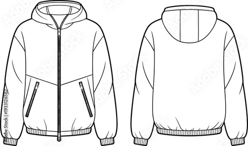 A black and white line of a hoodie with a full-length zipper and two side pockets jacket clothing