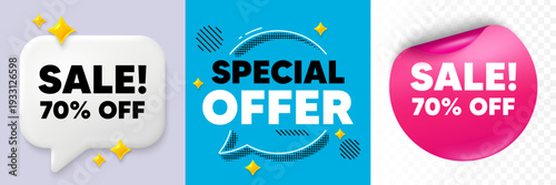 Sale speech bubble. 3d sparkles chat, Paper sticker. Sale 70 percent off discount. Promotion price offer sign. Retail badge symbol. Special offer bubble. Halftone dots pattern. Vector