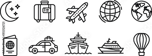 Black and white travel and transportation line icons set featuring airplane, suitcase, passport, taxi, cruise ship, yacht, hot air balloon, and globe illustrations