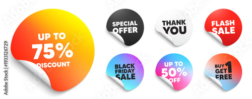 Discount tag sticker tag. Special offer paper price tags. Up to 75 percent discount. Sale offer price sign. Special offer symbol. Save 75 percentages. Discount, black friday sticker. Vector