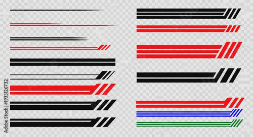 Collection of various car racing stripes and vehicle decals on transparent background.