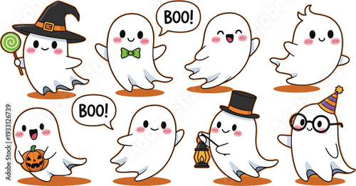 Cute Halloween ghost character collection with funny costumes and spooky cartoon illustrations