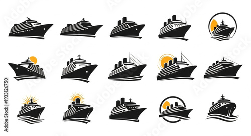 Collection of various cruise ship illustrations in black and white, perfect for design.