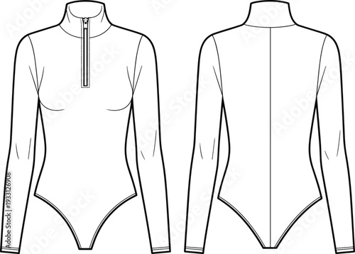 A black and white line of a long-sleeved high-neck bodysuit with a zipper in the front and a curved hemline at the bottom