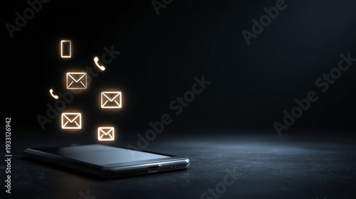 Digital Connections: Illustrative representation of glowing digital communication icons (emails and calls) emanating from a sleek mobile phone. 