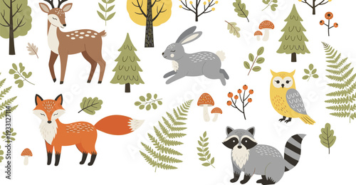 Woodland forest animals and nature elements collection with fox deer owl and plants