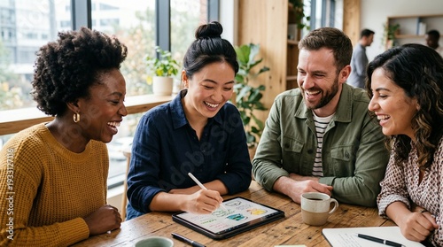 Diverse Group of Multiethnic People Laughing and Collaborating Together in Cafe