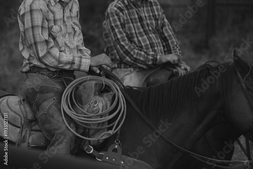 Authentic Texas cowboys on horseback during a workday on a rural cattle ranch. This black and white documentary-style photograph features close-up details of Western riding gear, including leather cha
