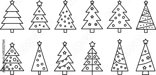 Christmas tree line icon set, decorated holiday pine outline vector illustration collection for festive winter design