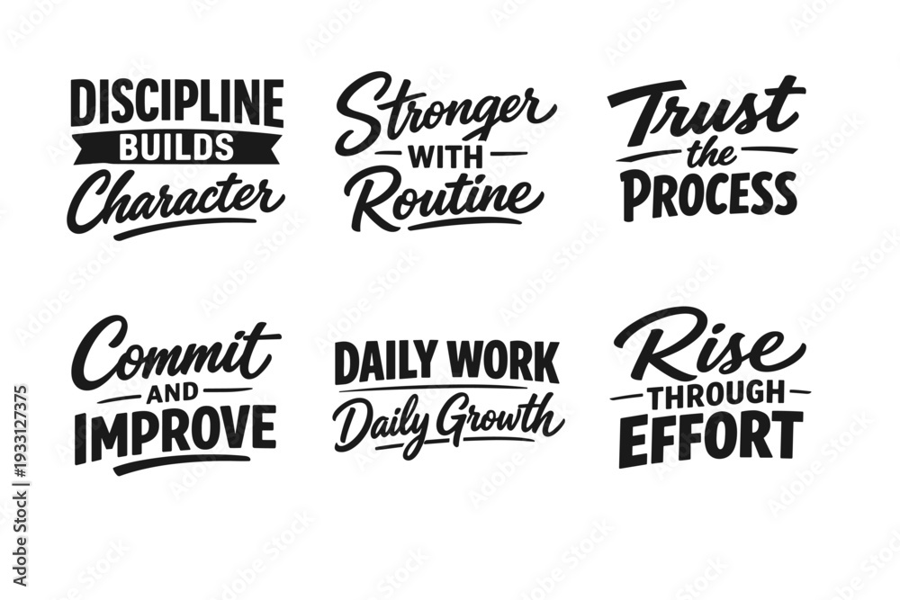 Obraz premium Motivational phrases on discipline, routine, trust, commitment, work, and effort