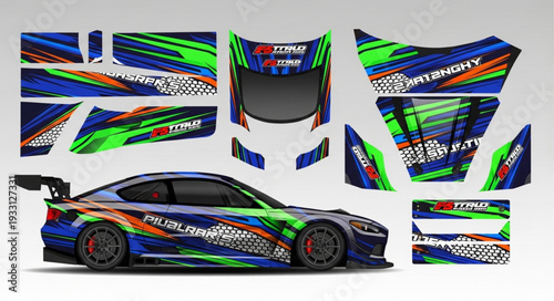 Racing car design with colorful graphics and detailed elements.