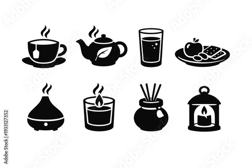 Tea and relaxation icons: cup, teapot, beverage, snacks, candle, diffuser, lantern