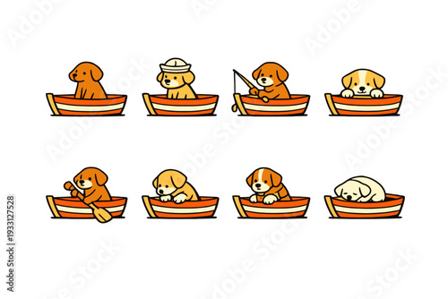 Adorable cartoon puppies in boats displaying various nautical activities