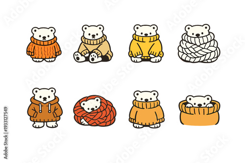 Adorable cartoon polar bears in cozy sweaters and yarn on warm gradient background