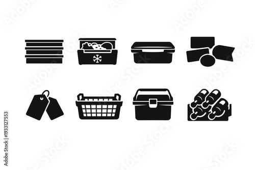 Set of icons: containers, tags, basket, lockers, frozen storage, and packaging