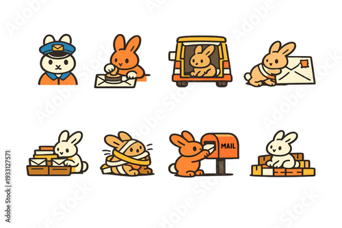 Cute bunny mail delivery characters engaged in postal activities
