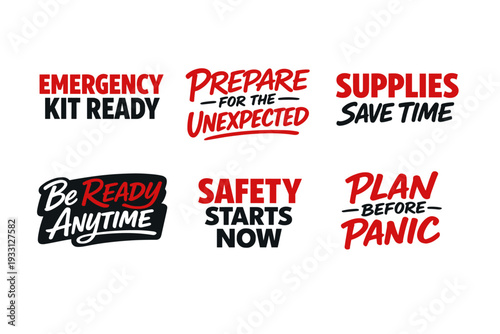 Emergency preparedness phrases in bold red and black text designs