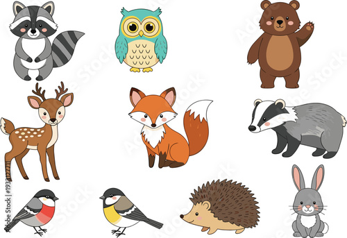 Cute woodland animals collection with fox deer bear owl rabbit and forest wildlife characters